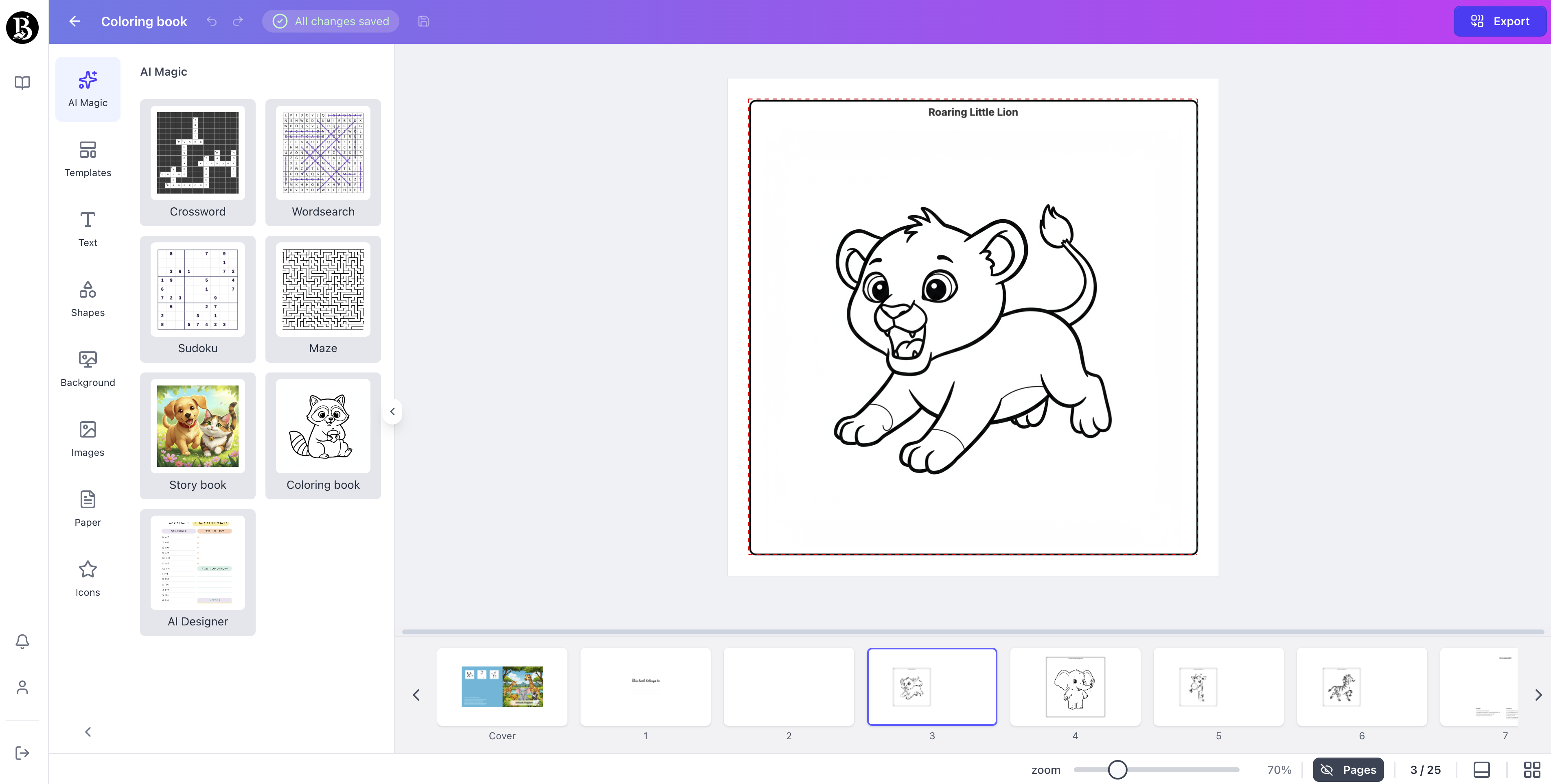 Children lion coloring page generated with booksgenie.ai