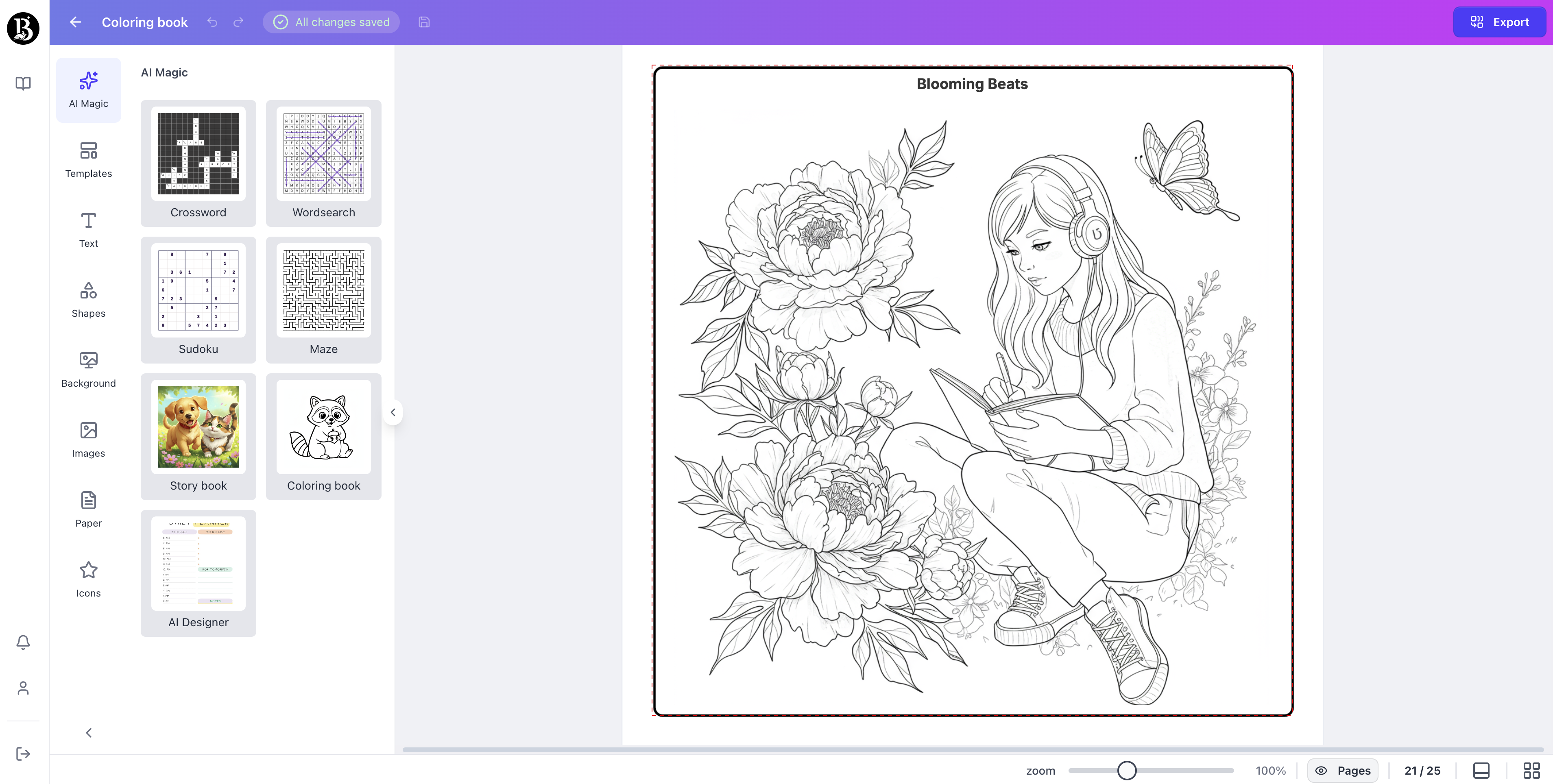 Girl with listening to music coloring page generated with booksgenie.ai