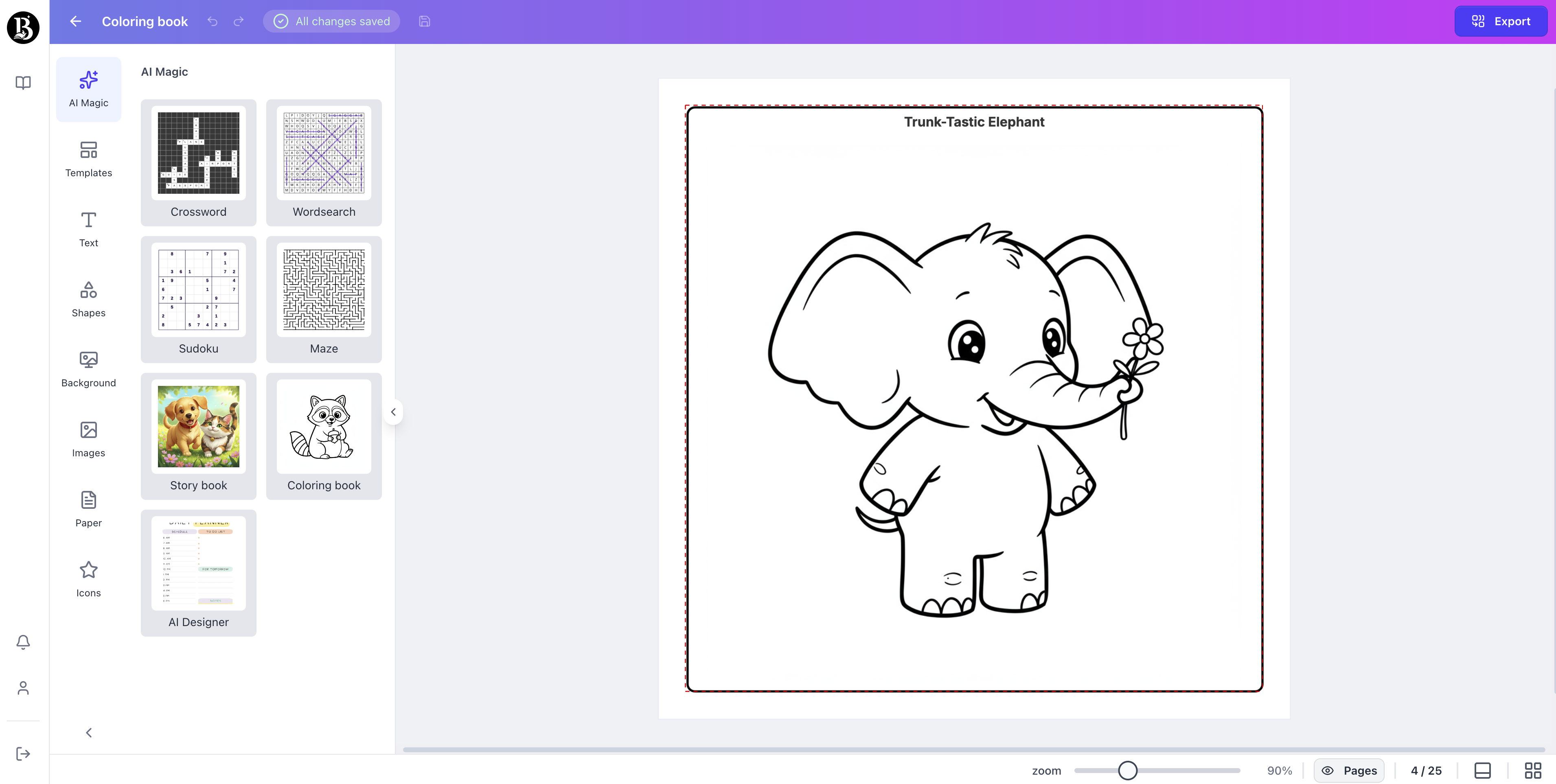 Children Elephant coloring page generated with booksgenie.ai