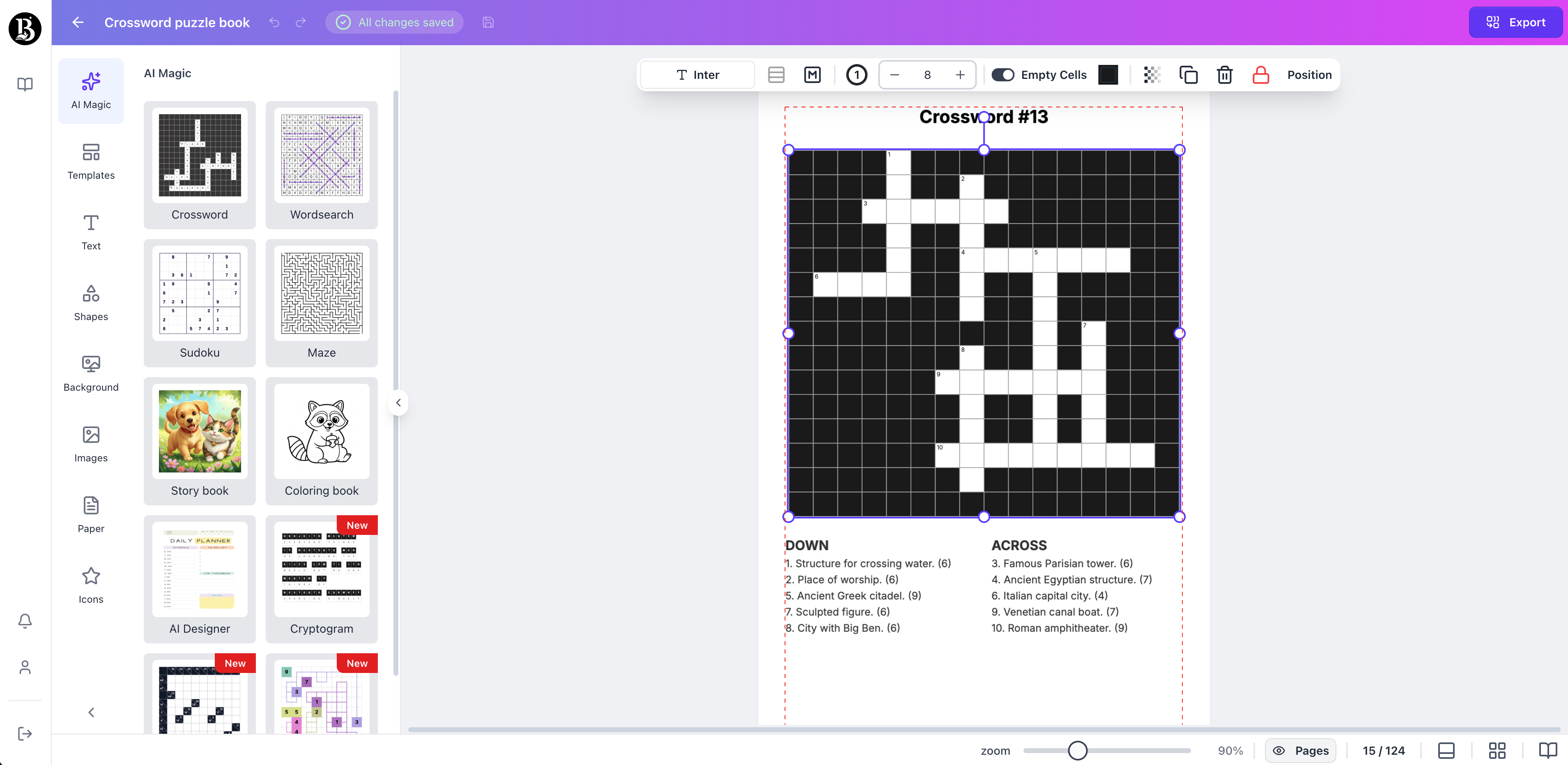 crossword page generated with booksgenie.ai
