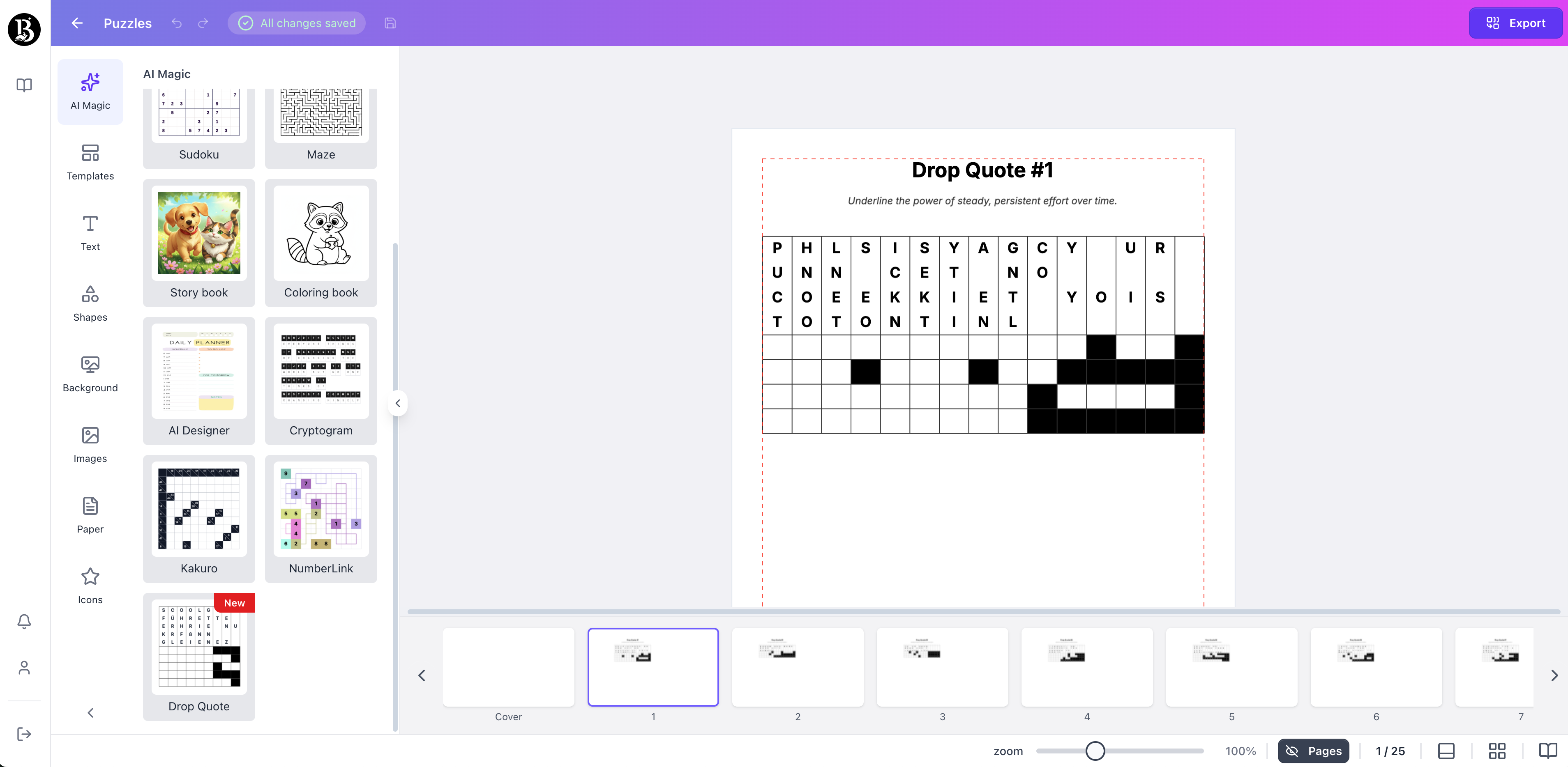 Drop quote puzzle page 1 generated with booksgenie.ai