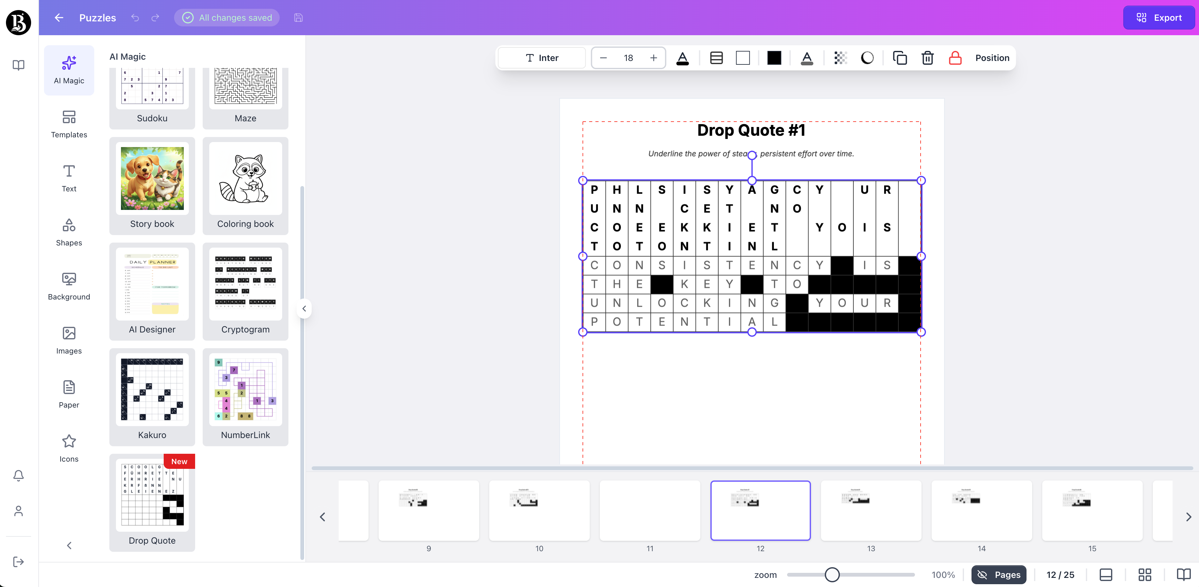 Drop quote puzzle page 2 generated with booksgenie.ai
