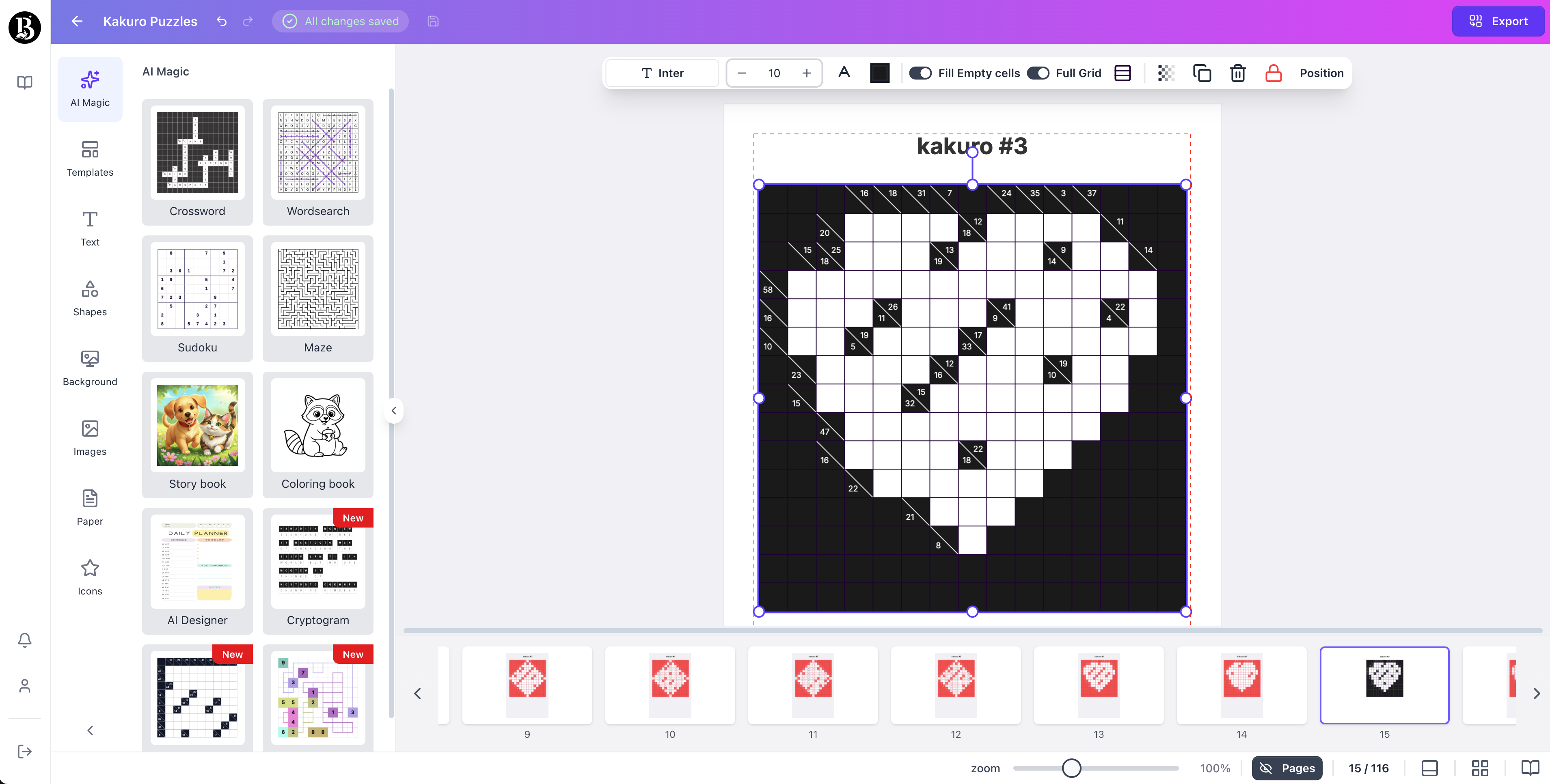 Screenshot of the BooksGenie.ai Puzzle Kakuro book creator