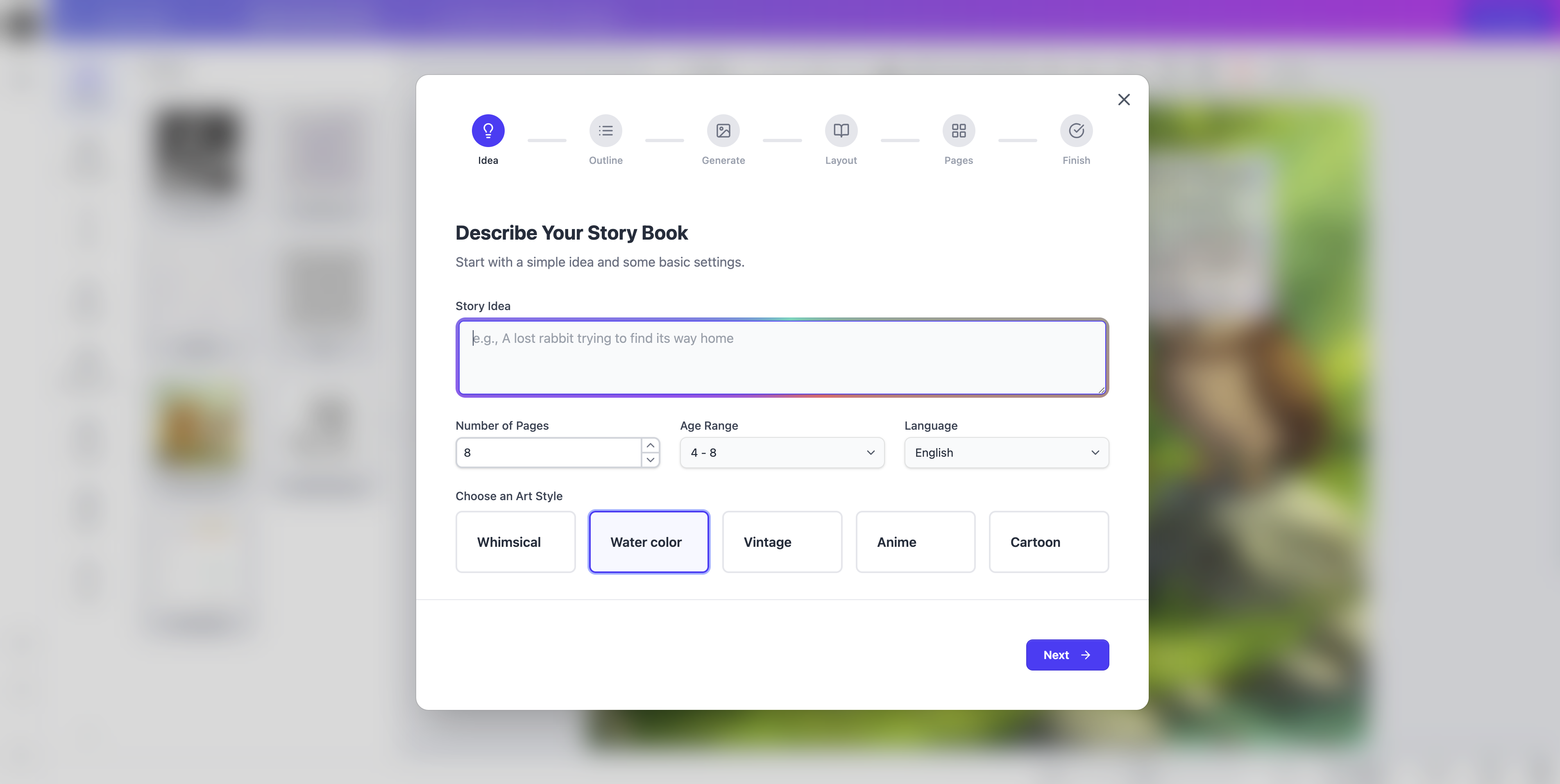 Booksgenie.ai generate story wizard