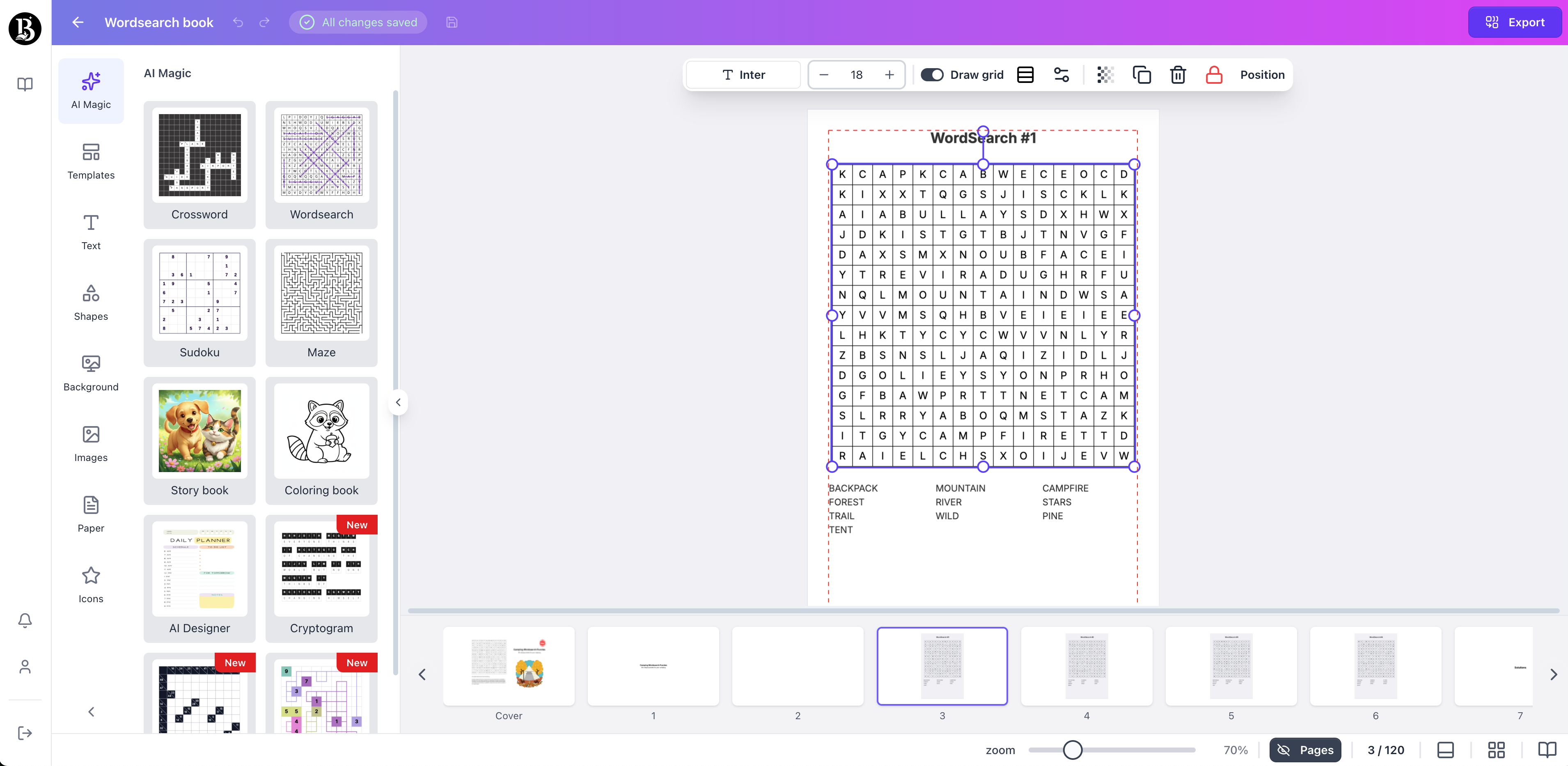 word search page generated with booksgenie.ai