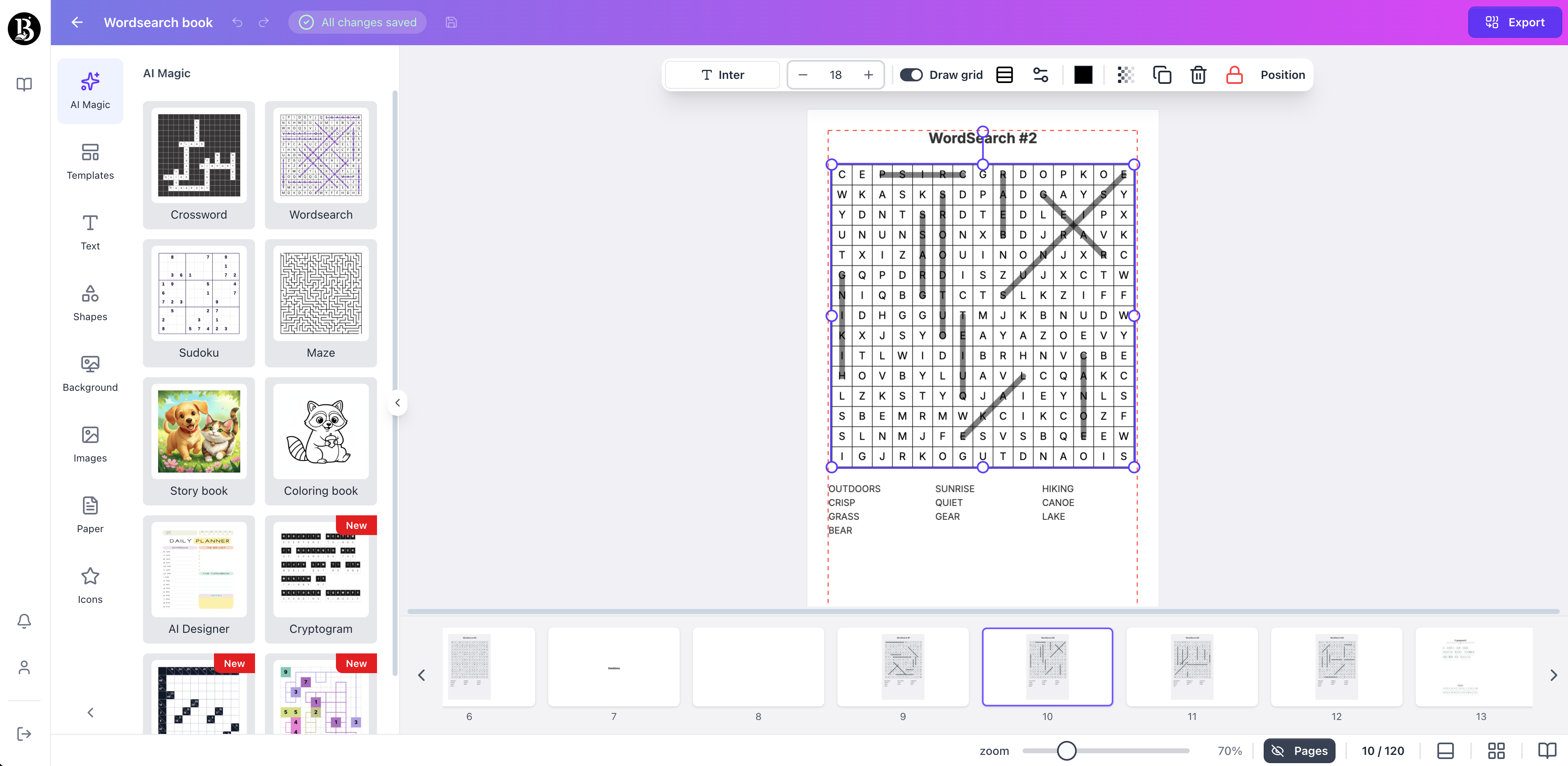 word search page generated with booksgenie.ai